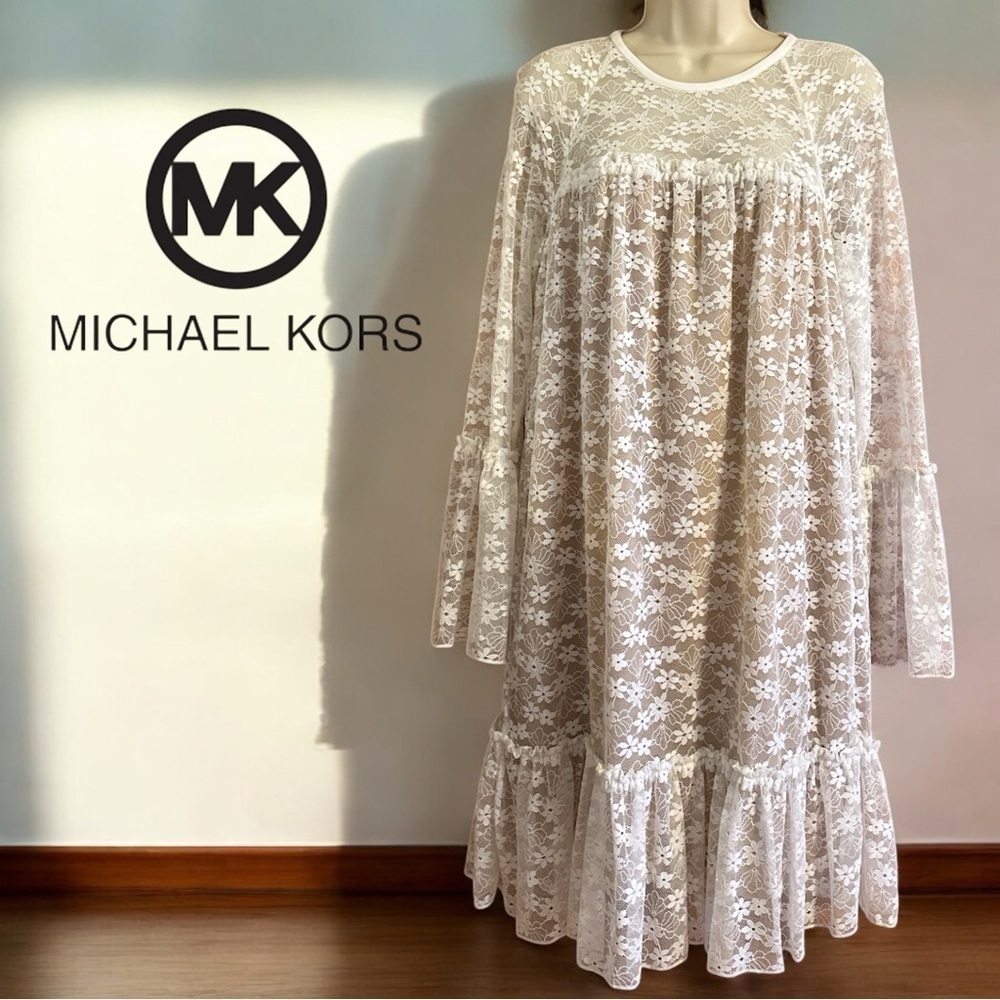 Michael Kors White Floral Lace Ruffle Sheer Beige Lining Bell Sleeve Midi Dress